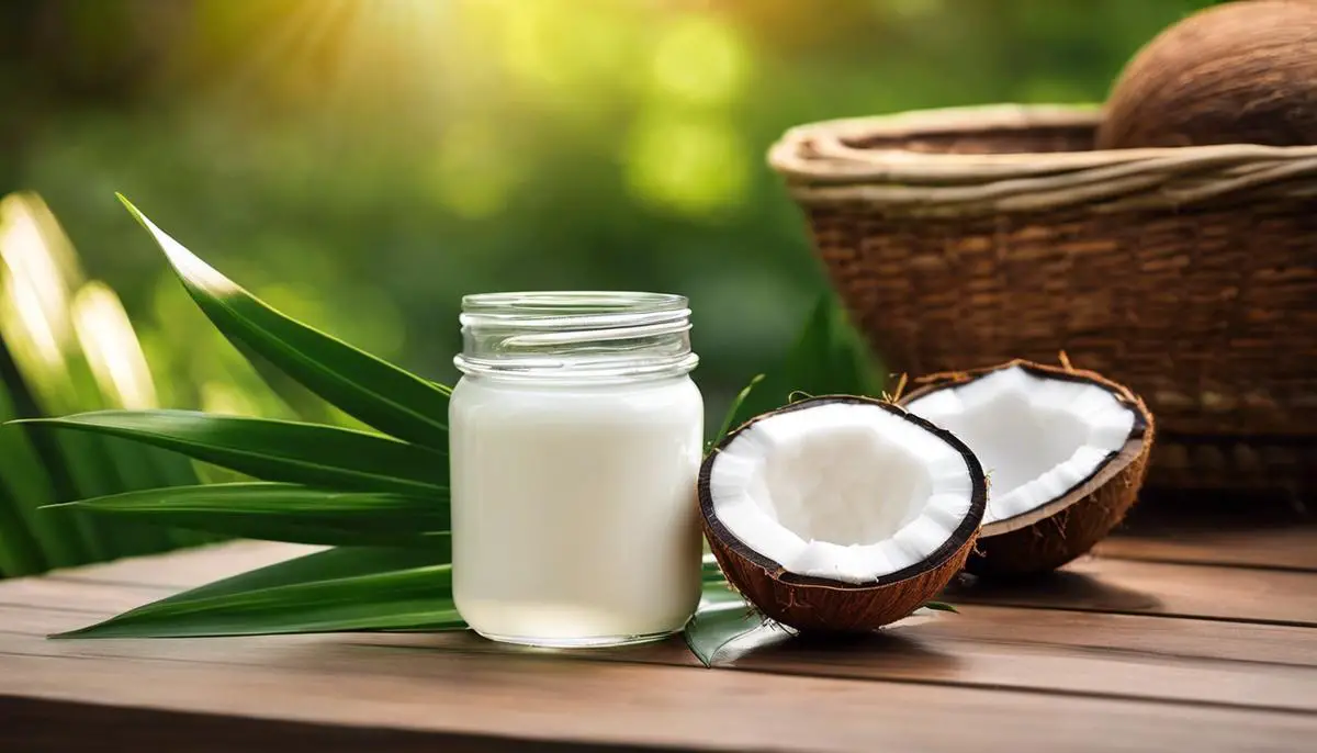 A jar of coconut oil next to a leaf in an outdoor setting, representing the use of coconut oil for eczema relief