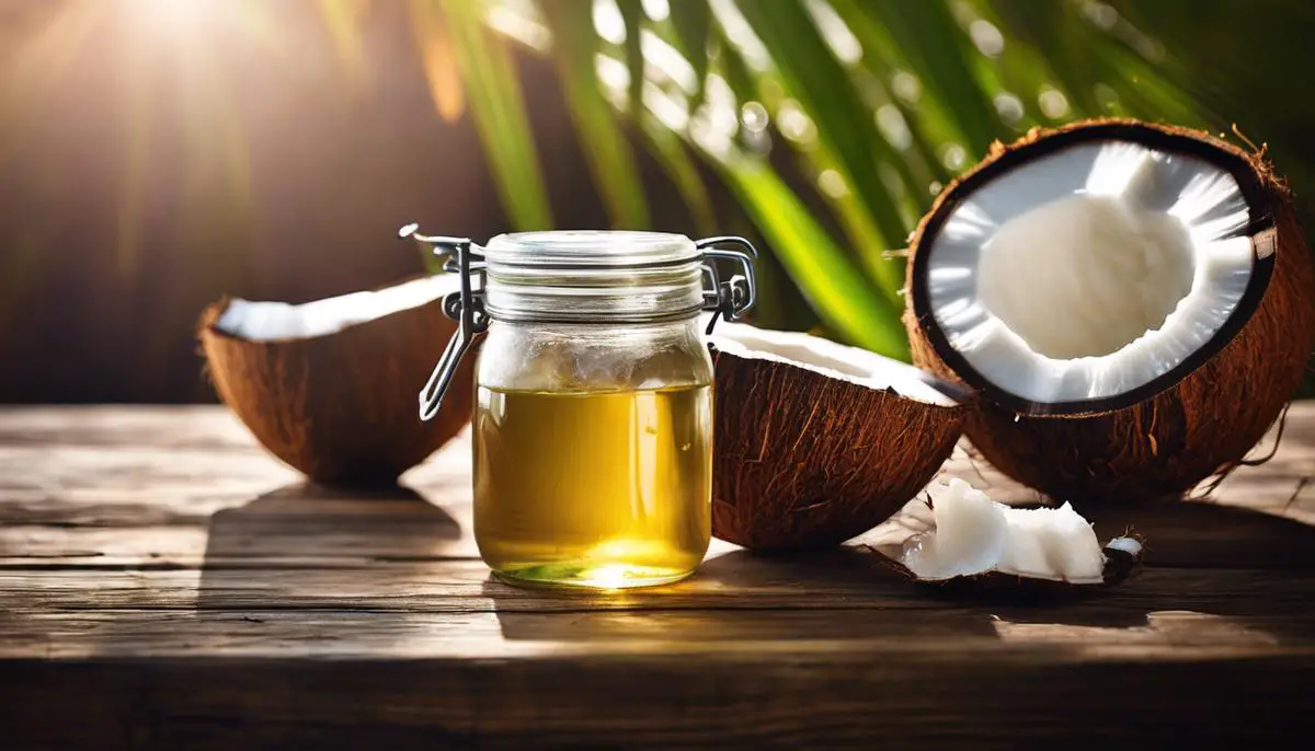 Image of a coconut oil jar on a wooden table